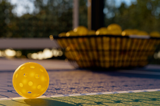 Close up of a pickleball ball on a court at sunset 3D rendering.