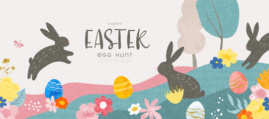Happy Easter, Egg hunt. Modern illustration with bunnies, flowers, eggs in a clearing. Vector banner with grainy texture.