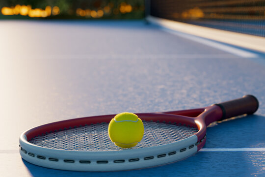 Tennis racket and ball close up on a sports court 3d rendering.