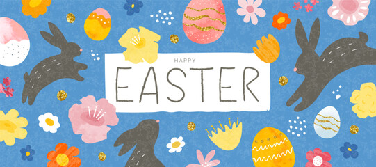 Happy Easter. Modern colorful illustration with bunnies, flowers and eggs. Vector banner with grainy texture