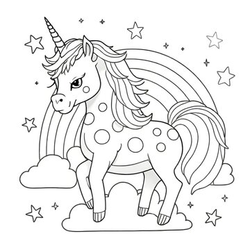 Unicorn with a striped mane and tail standing on clouds, surrounded by stars