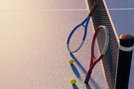 Top view of tennis rackets and balls near the net on the court in sunlight 3D rendering.