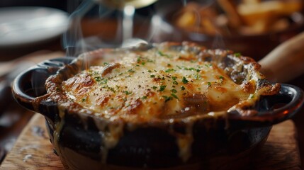 A close-up shot of a bubbling pot of French onion soup topped with melted Gruy??re cheese, offering a warm and comforting culinary embrace.