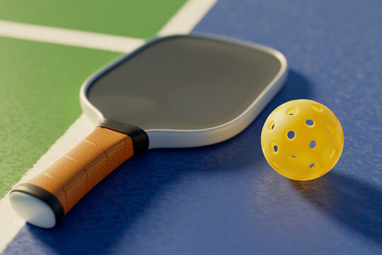 Close-up of a pickleball racket and ball lying on the court line 3D rendering.