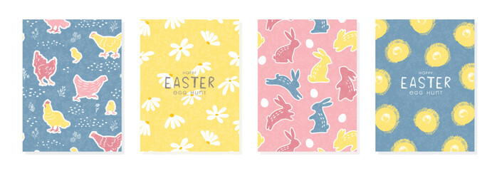 Happy Easter Set of banners, greeting cards, posters, holiday covers. Trendy design with bunnies, chickens and flowers. Vector illustration