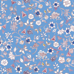 Hand-drawn, doodle floral pattern of wild flowers drawn in light lines on an azure background. Vector seamless pattern for summer.