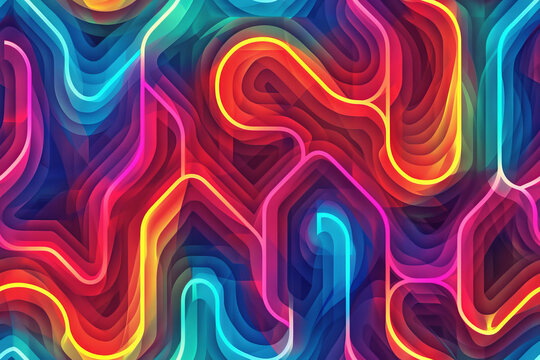 Fototapeta Rainbow, neon wave and pattern for illustration with lines, shape and glow on color spectrum. Creativity, light and multicolor textures for iridescent shine with geometric flow for psychedelic swirl