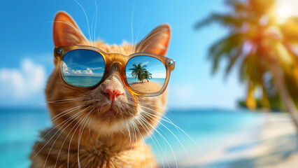Katze mit Sonnenbrille reflektiert tropischen Strand mit Palmen, Sommerurlaub Konzept