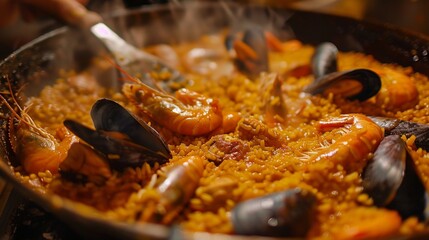 A close-up shot of a bubbling pot of seafood paella, its saffron-infused rice and flavorful seafood tantalizing the taste buds.
