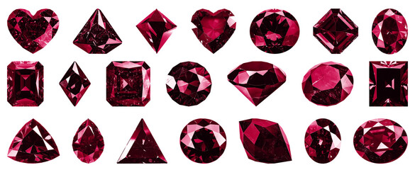 Illustration set of red vine carmine precious stones of different cuts. Popular low poly ruby gems cut set gradation. Circle, triangle, drop, heart, rhombus, square, oval. Decorative luxury real