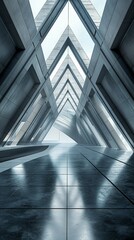 A Vertical View Of The Exhibition Hallway With Interlocking Triangles Ceiling That Span The Prominent Interior. 