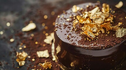 A close-up shot of a decadent chocolate truffle cake adorned with edible gold leaf, offering a luxurious and indulgent dessert experience.