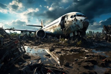 Derelict Ruined old airplane. Abandoned travel plane broken aviation. Generate Ai