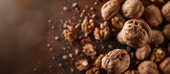 Walnuts floating above a brown background with empty space for writing.