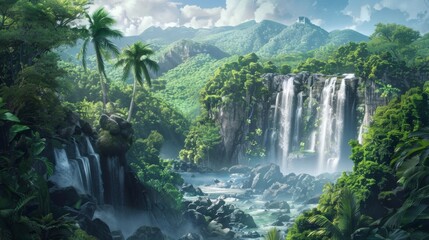 A panoramic view of a majestic waterfall cascading down rocky cliffs into a pristine river below, surrounded by lush vegetation. - obrazy, fototapety, plakaty