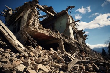 Fototapeta na wymiar Broken Ruined house after earthquake. Insurance concrete. Generate Ai
