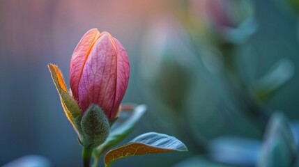 A close-up shot of a delicate flower bud beginning to bloom, its petals unfurling in a graceful dance, symbolizing growth, renewal, and beauty.