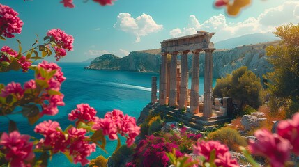 Ruins of an Ancient Greek temple. Ancient Roman forum ruins on the Mediterranean Sea. Temple to god...