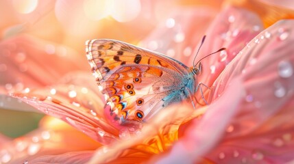 A close-up shot of a delicate butterfly resting on a flower petal, its wings shimmering in the sunlight and showcasing the intricate patterns and vibrant colors of nature's beauty.