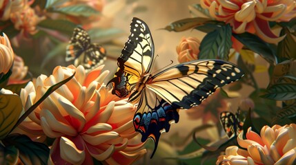 A close-up shot of a delicate butterfly resting on a vibrant flower, its intricate wings and vibrant colors capturing the viewer's attention.