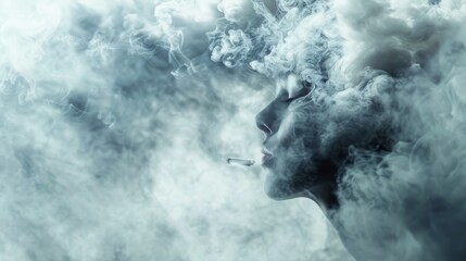 A poignant image of a person coughing and struggling to breathe amidst a cloud of cigarette smoke, highlighting the immediate health risks of smoking. - obrazy, fototapety, plakaty