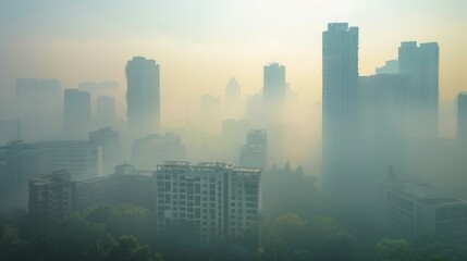 Fototapeta premium A polluted city skyline obscured by smog and haze, serving as a stark reminder of the urgent need for environmental conservation and clean energy solutions.