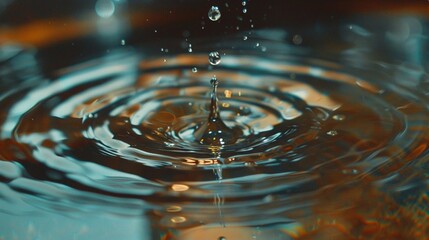 A close-up shot of a single droplet of water splashing into a pool, creating ripples that radiate outward, capturing a fleeting moment of movement and beauty.