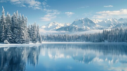 beautiful landscape of a lake with a forested area full of snow and mountains in high resolution and high quality - Powered by Adobe