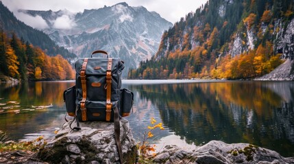 beautiful traveler backpack on a stone with a lake and mountains in the background in autumn