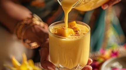 A refreshing glass of mango lassi being poured with care, its creamy texture and tropical flavor evoking the essence of Indian summers and culinary delights.