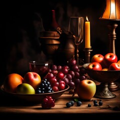 still life with fruits and berries - obrazy, fototapety, plakaty
