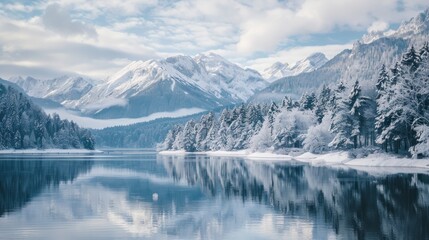 beautiful landscape of a lake with forested area full of snow and mountains