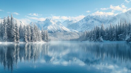 Fototapeta na wymiar Beautiful landscape of a lake with a forested area full of snow and mountains in high resolution and high quality. winter concept, landscape