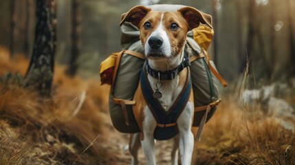 Dog with human-like qualities, carrying a backpack, treks through a sunlit forest - obrazy, fototapety, plakaty