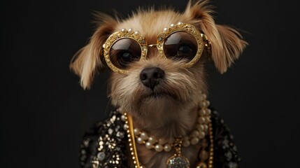 Portrait of a dog in human-like attire with ornate glasses and accessories. Stylish anthropomorphic dog in costume jewelry