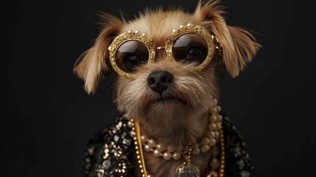 Portrait of a dog in human-like attire with ornate glasses and accessories. Stylish anthropomorphic dog in costume jewelry