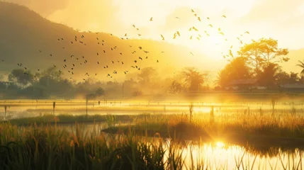 Foto op Plexiglas A serene scene of rice paddies bathed in golden sunlight, with a flock of migratory birds taking refuge amidst the tranquil beauty of the countryside. © Plaifah