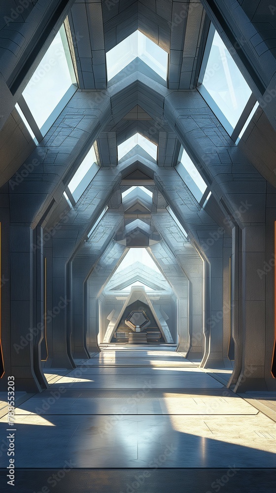 Poster a vertical view of the exhibition hallway with interlocking triangles ceiling that span the prominen