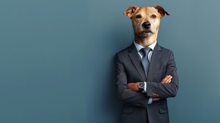 Full-length fictional anthropomorphic dog in professional business attire portrait on a surreal blue background