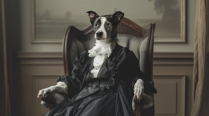 Full-length portrait of an anthropomorphic dog dressed in elegant vintage clothing, seated regally