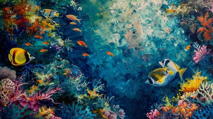 Fototapeta na wymiar A serene underwater scene of colorful tropical fish darting among intricate coral formations, creating a vibrant tapestry of life beneath the waves.