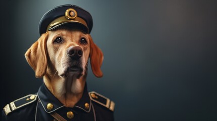 Portrait of a human-like dog dressed in a ceremonial uniform on a dark background