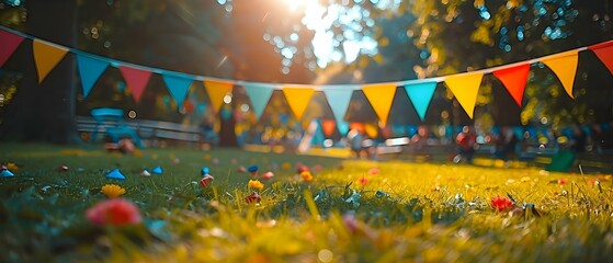 Sunny Park Festivities with Colorful Banners and Leisure Vibes. Concept Sunny Park, Colorful Banners, Leisure Vibes, Outdoor Festivities