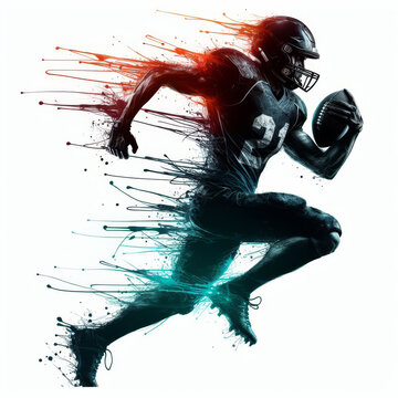 Splash of colors American football player silhouette running with ball with ink drip trails.