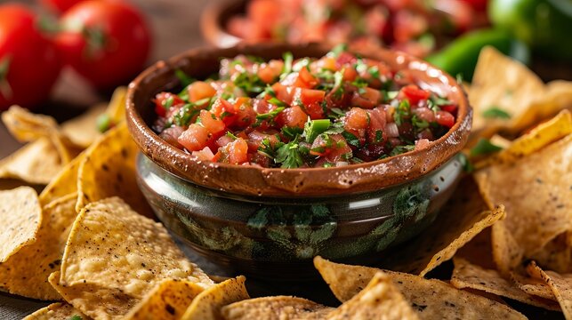 Overflowing bowl of spicy salsa surrounded by tortilla chips, perfect for party snacks