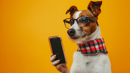 Portrait of a hip anthropomorphic dog holding a phone, styled with glasses and bow tie - obrazy, fototapety, plakaty