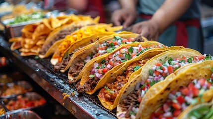 Busy taco stand at a night market, serving up a variety of flavors