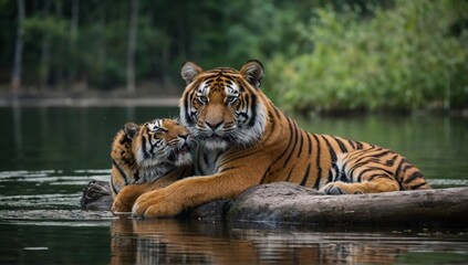 Beautiful tigers enjoying  - obrazy, fototapety, plakaty