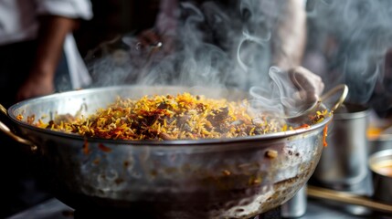 A steaming pot of aromatic biryani being prepared with layers of tender meat, fragrant spices, and fluffy rice, promising a taste of culinary