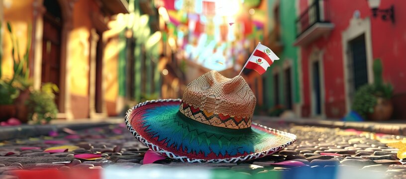 Fototapeta Colorful Fiesta on the Streets of Mexico - Celebrating Cinco de Mayo with a Mexican Hat and Flag,